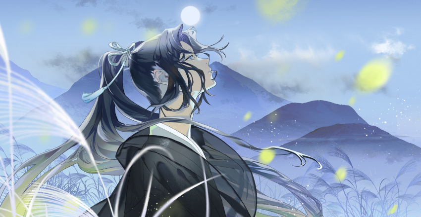 1girl absurdres black_hair black_kimono blue_eyes blue_sky blurry blurry_foreground bow closed_mouth expressionless grass hair_bow haruno_taku highres japanese_clothes kimono light_particles long_hair looking_up moon mountain original ponytail profile sidelocks sky solo upper_body white_bow