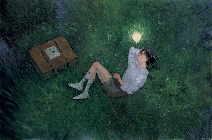1boy absurdres arm_pillow artist_name black_hair briefcase closed_eyes collared_shirt dated drawing_(object) from_above grass grey_shorts highres lamp long_sleeves lying n0ma nature on_ground on_side original paper shirt shorts sleeping sleeves_rolled_up socks solo white_shirt white_socks wide_shot