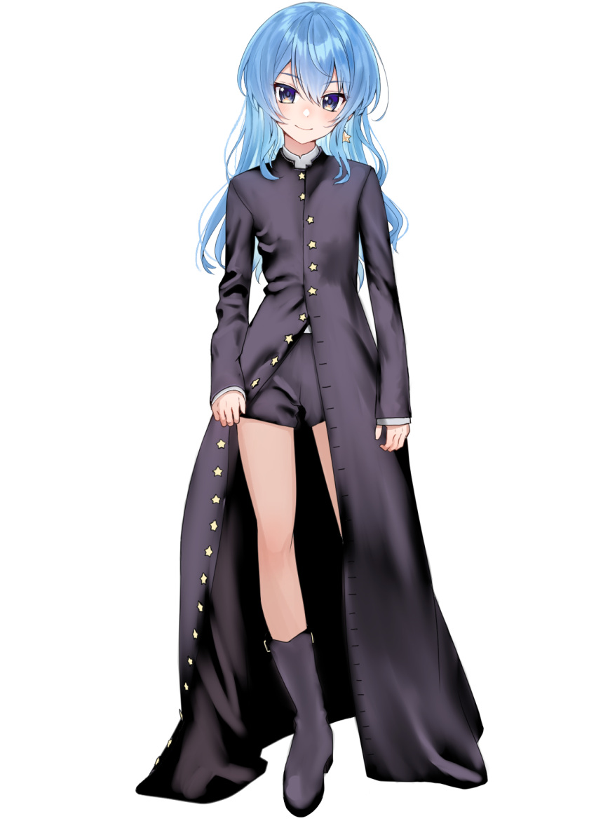 1girl alternate_costume black_coat black_footwear black_shorts blue_eyes blue_hair closed_mouth coat commentary double-parted_bangs earrings full_body hair_between_eyes highres hololive hoshimachi_suisei jewelry long_coat long_hair long_sleeves looking_at_viewer mocha_(snowflake) open_clothes open_coat shorts sidelocks simple_background smile solo standing star_(symbol) star_earrings star_in_eye straight-on symbol_in_eye virtual_youtuber white_background