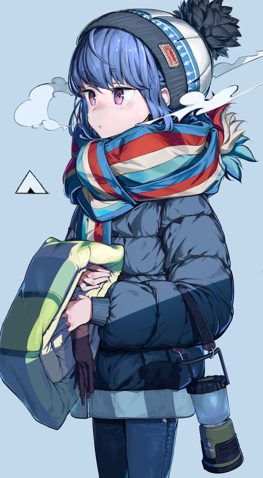 1girl beanie blue_background blue_hair blue_jacket blue_pants breath brown_gloves cowboy_shot denim down_jacket gloves hat highres holding jacket jeans lantern light_blush long_sleeves looking_ahead multicolored_clothes multicolored_scarf panko_(drive_co) pants parted_lips pom_pom_(clothes) pom_pom_beanie scarf shima_rin simple_background solo unworn_gloves violet_eyes white_headwear yurucamp