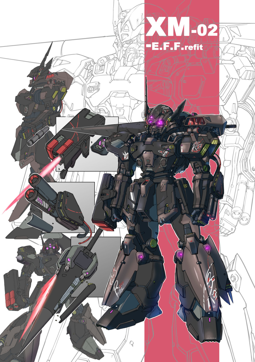 absurdres arm_cannon arms_at_sides clenched_hands commentary_request den'an_gei energy_gun full_body glowing glowing_eyes gundam gundam_f91 highres looking_ahead mecha missile_pod mobile_suit multiple_views niao_san_shi no_humans radio_antenna redesign robot science_fiction standing violet_eyes weapon