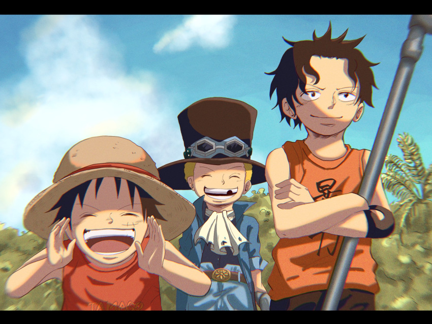 3boys ^_^ ascot belt black_hair black_shorts blonde_hair blue_jacket blue_pants child closed_eyes closed_mouth commentary_request crossed_arms goggles goggles_on_headwear hat highres jacket looking_to_the_side male_focus monkey_d._luffy multiple_boys one_piece open_mouth orange_shirt pants plant portgas_d._ace red_shirt sabo_(one_piece) shirt short_hair shorts sky sleeveless sleeveless_shirt smile straw_hat suzu_(suzuran_piece) top_hat waistcoat white_ascot