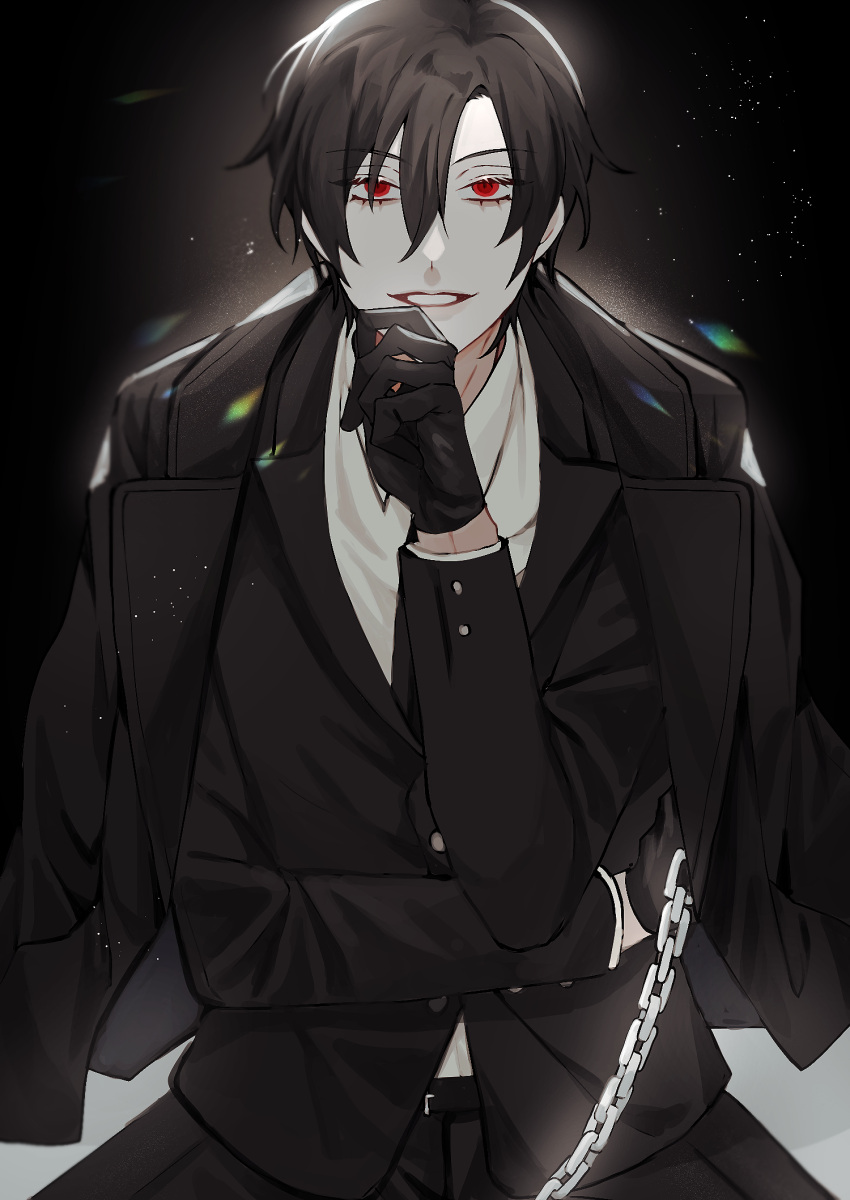 100_(artist) 1boy bishounen black_background black_gloves black_hair black_suit chain collared_shirt eyelashes facing_viewer gloves glowing hair_between_eyes half-closed_eyes highres holding holding_leash jacket jacket_on_shoulders leash looking_at_viewer male_focus pale_skin red_eyes shiki_(togainu_no_chi) shirt short_hair smile solo suit togainu_no_chi upper_body