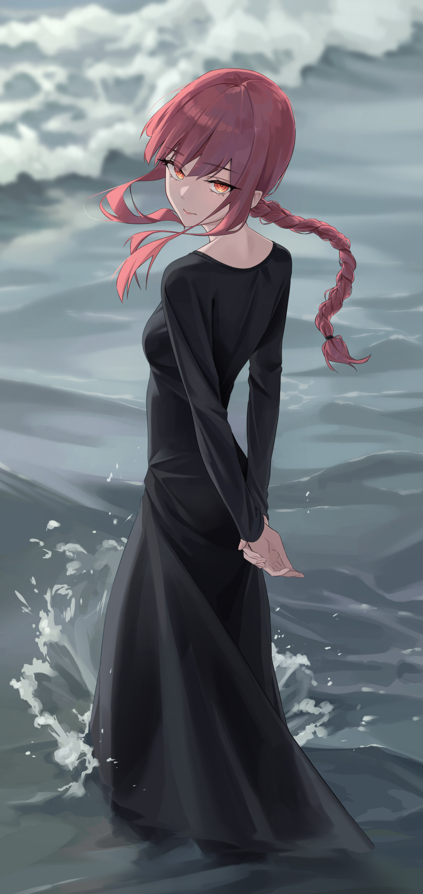 1girl absurdres arms_behind_back beach black_dress braid braided_ponytail chainsaw_man closed_mouth dress highres long_dress long_hair looking_at_viewer ly_7317 makima_(chainsaw_man) ocean red_eyes redhead ringed_eyes sand solo water