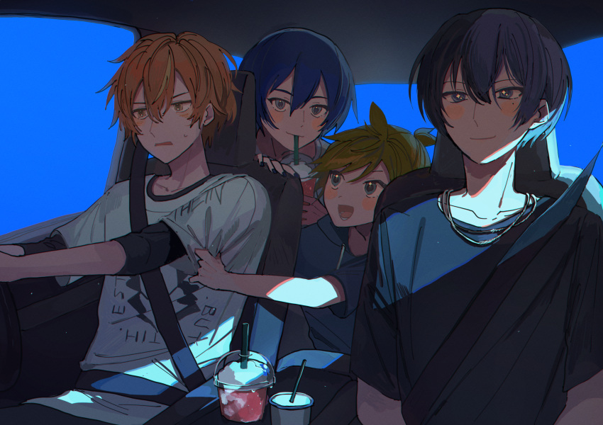 4boys aoyagi_touya black_shirt blonde_hair blue_eyes blue_hair blue_nails blush car_interior closed_mouth dark_blue_hair drink drinking drinking_straw driving hair_between_eyes highres holding holding_drink jewelry kagamine_len kaito_(vocaloid) light_particles light_rays looking_ahead looking_at_another looking_at_viewer male_focus mole mole_under_eye multiple_boys necklace open_mouth orange_eyes orange_hair pawpawrim project_sekai purple_hair seatbelt shinonome_akito shirt short_hair smile star_(symbol) star_in_eye sweatdrop symbol_in_eye vocaloid