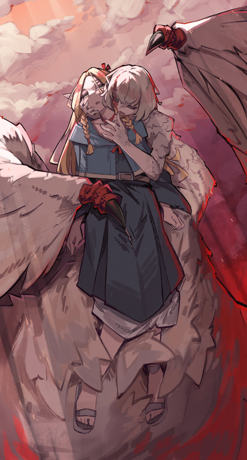 2girls absurdres belt blonde_hair blood blood_on_face blue_capelet blue_robe bow braid capelet carrying carrying_person centauroid choker clouds cloudy_sky dungeon_meshi falin_thorden feathered_wings feathers hair_bow highres long_hair marcille_donato multiple_girls red_bow red_choker robe sandals short_hair sky spoilers sunlight talons taur togekk0 twin_braids white_hair wings yuri