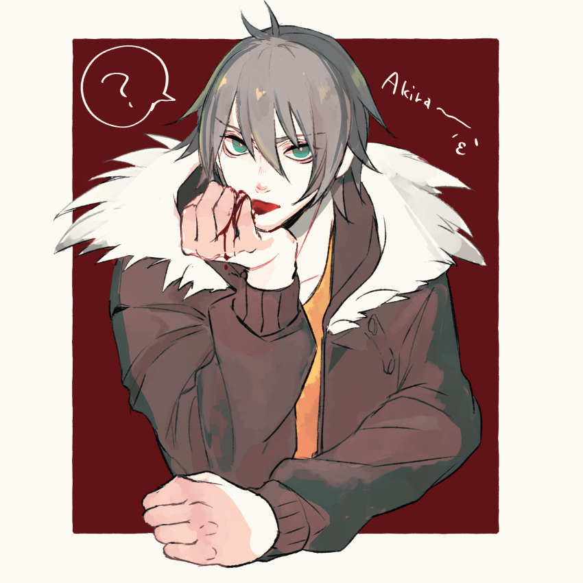 1boy ? akira_(togainu_no_chi) blood blood_from_mouth blood_on_hands border character_name fur-trimmed_hood fur_trim green_eyes grey_hair hair_between_eyes highres hood jacket looking_at_viewer male_focus open_clothes open_jacket open_mouth orange_shirt red_background shirt short_hair solo spoken_question_mark togainu_no_chi tomikko upper_body white_border