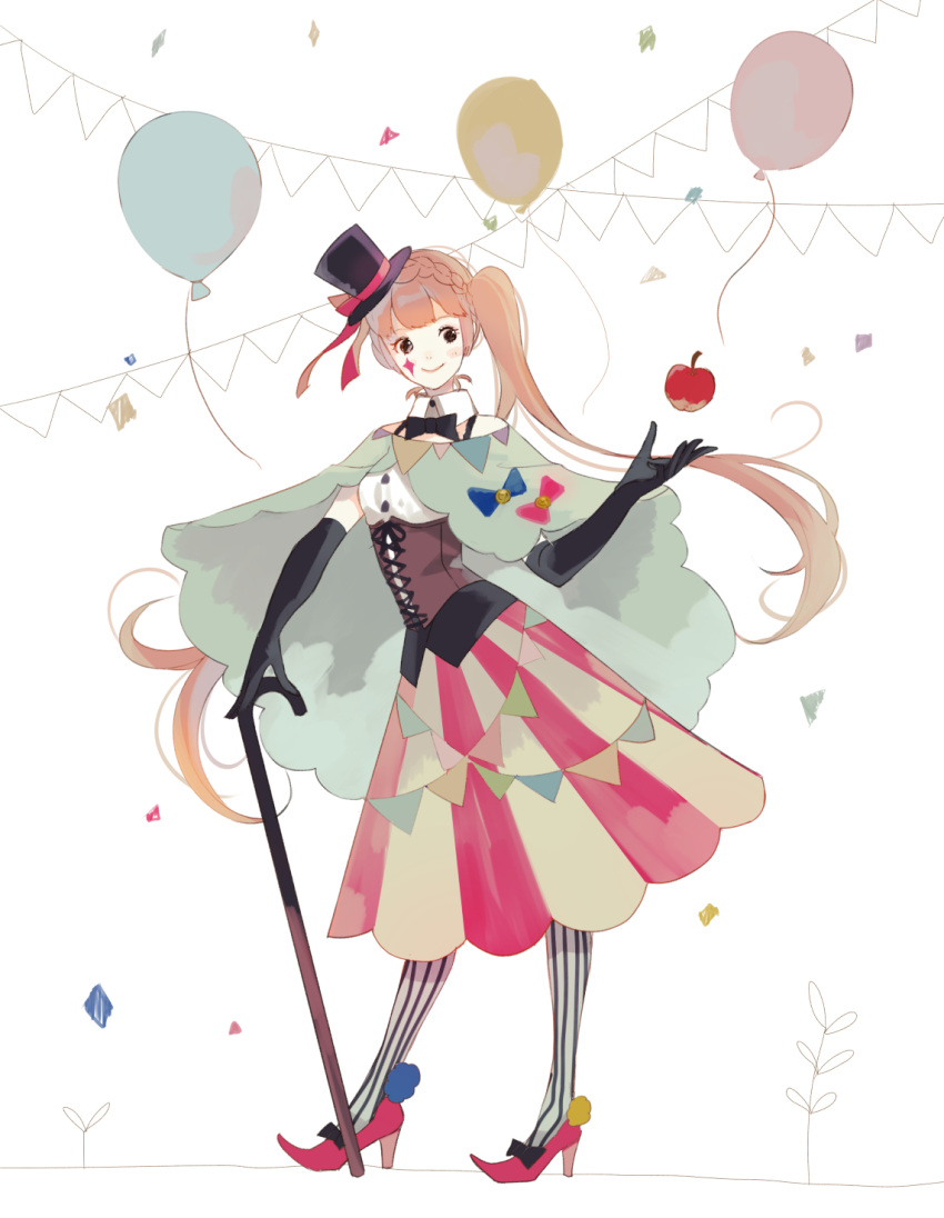 1girl apple balloon black_bow black_bowtie black_corset black_eyes black_gloves blue_bow bow bowtie braid cane cape circus collar comiket_84 confetti corset crown_braid elbow_gloves food fruit gloves hand_up hat hat_ribbon high_heels highres holding holding_cane light_brown_hair long_hair makeup mini_hat mini_top_hat original pantyhose pom_pom_(clothes) red_bow red_footwear red_ribbon red_skirt ribbon side_ponytail skirt smile solo standing striped_clothes striped_pantyhose top_hat two-tone_skirt vient white_background white_collar yellow_skirt