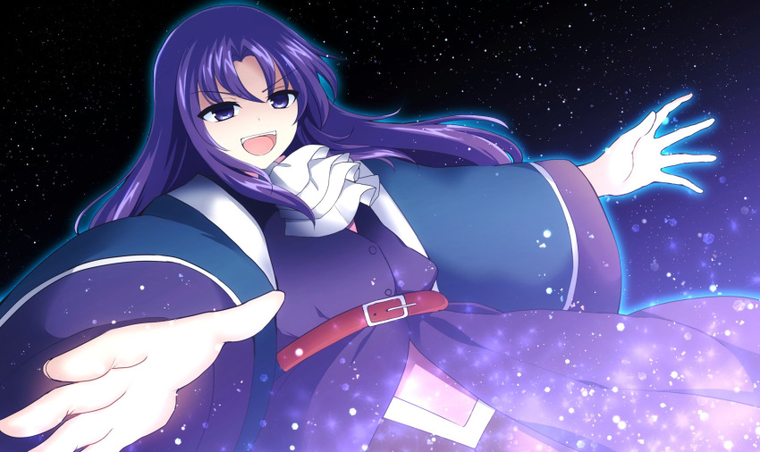 1other androgynous ascot belt blue_capelet capelet clause_(len'en) coat commentary english_commentary highres len'en long_hair long_sleeves open_mouth other_focus ougi_hina parted_bangs pink_shirt purple_coat purple_hair red_belt shirt smile solo teeth upper_teeth_only v-shaped_eyebrows violet_eyes white_ascot white_trim