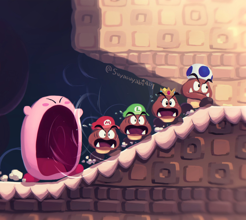 artist_name blue_toad_(mario) blush blush_stickers closed_eyes closed_mouth commentary_request crossover crown fangs fleeing flying_sweatdrops goomba green_headwear hat highres imminent_vore inhaling kirby kirby_(series) luigi mario nervous_sweating no_humans open_mouth panicking princess_peach red_headwear ruins running scared shade super_mario_bros. super_mario_bros._wonder suyasuyabi sweat toad_(mario) twitter_username v-shaped_eyebrows wide-eyed