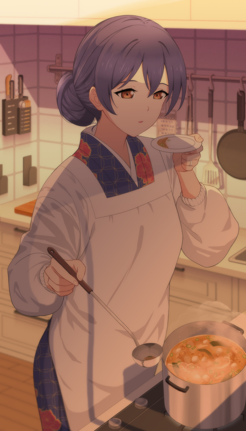 1girl absurdres alternate_hairstyle apron blue_hair commentary cooking cooking_pot english_commentary enola_013 evening floral_print food frying_pan hair_bun highres holding holding_ladle holding_plate housewife indoors japanese_clothes kappougi kitchen ladle love_live! love_live!_school_idol_project open_mouth plate solo sonoda_umi soup spatula standing steam sunlight window_shade yellow_eyes