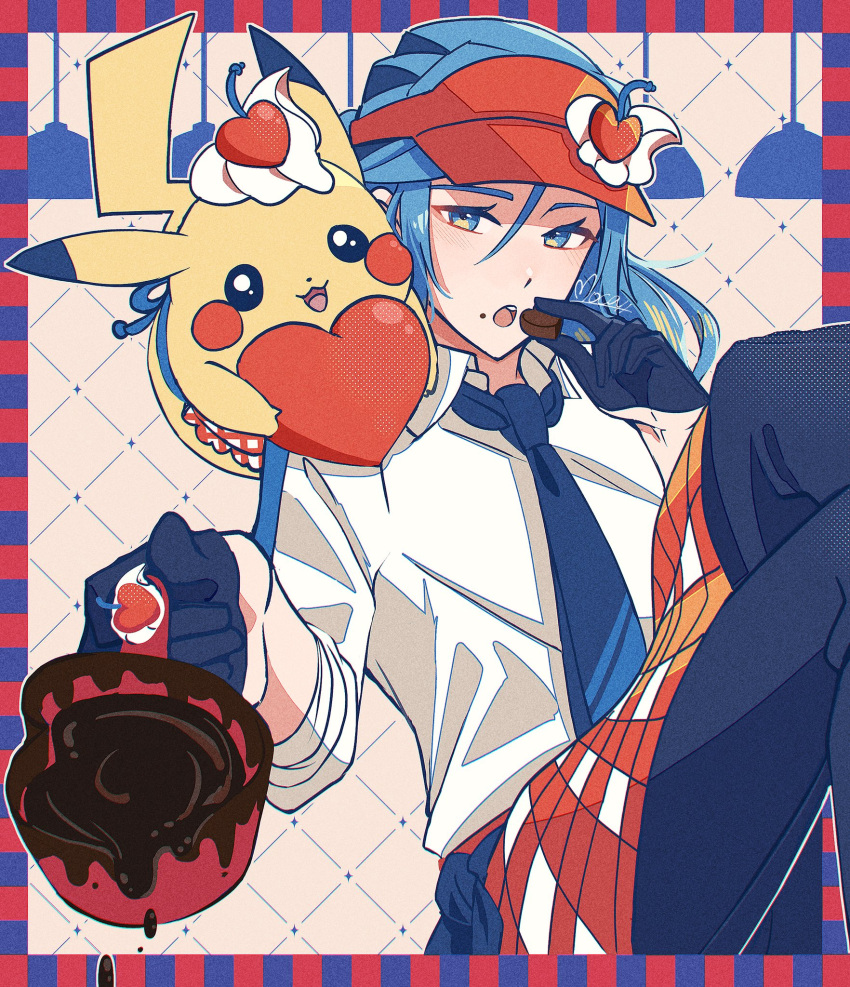 1boy :o alternate_costume apron blue_eyes blue_hair blue_necktie blush border cherry chocolate collared_shirt commentary_request eating eyelashes food fruit gloves grusha_(pokemon) highres holding long_hair looking_at_viewer male_focus mocacoffee_1001 necktie open_mouth orange_apron pants pikachu pokemon pokemon_(creature) pokemon_sv shirt signature teeth tongue upper_teeth_only visor_cap waist_apron white_shirt