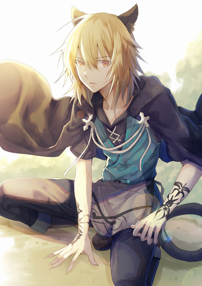 1boy absurdres animal_ear_fluff animal_ears arm_tattoo black_cloak black_pants blonde_hair boots cat_boy cat_ears cat_tail cloak collarbone commentary_request full_body grass highres hood hooded_cloak konoe_(lamento) lamento looking_at_viewer male_focus nga_(ray_ray) pants parted_lips serious short_hair simple_background solo squatting tail tattoo tunic yellow_eyes