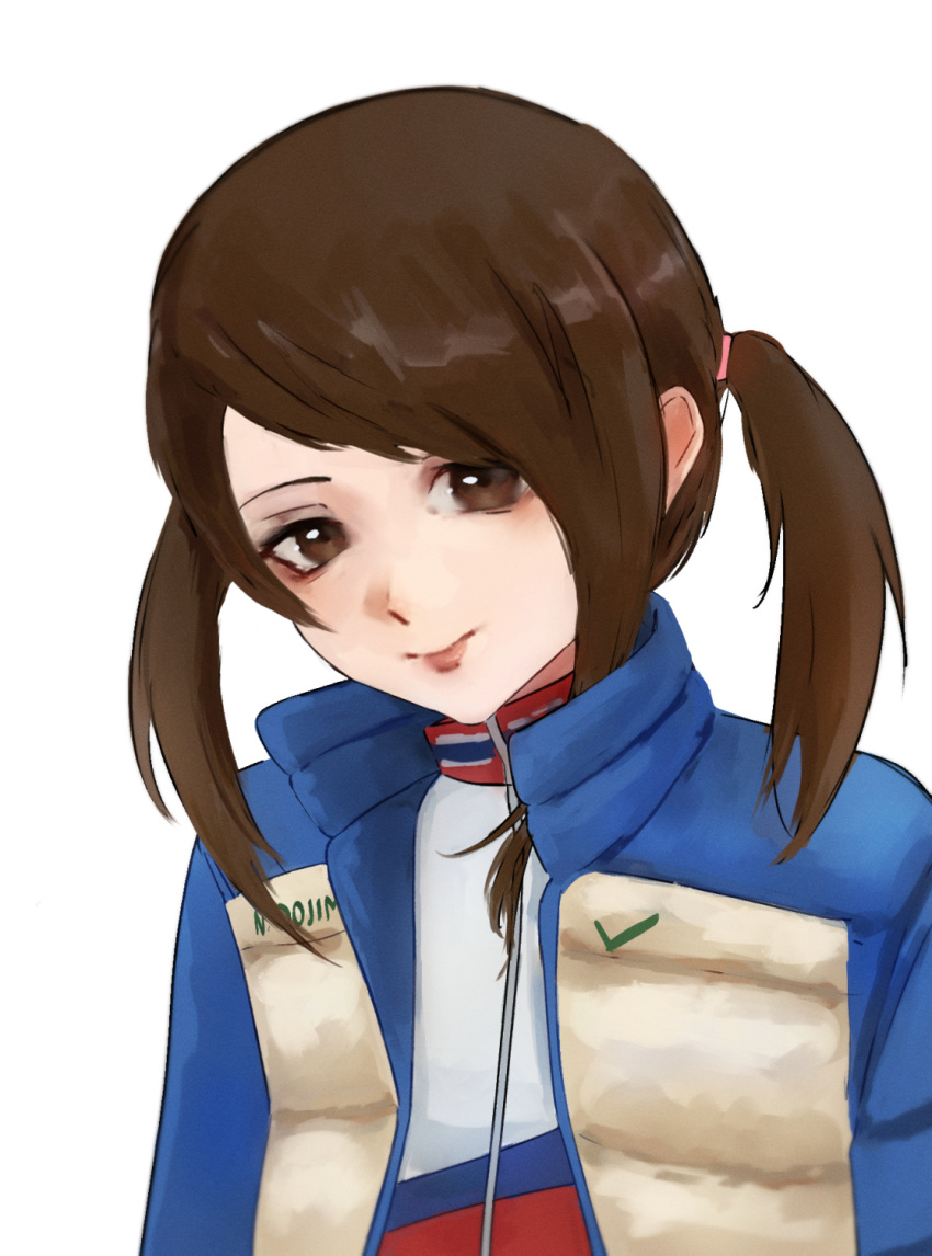 1girl aged_up blue_jacket brown_eyes brown_hair closed_mouth doujima_nanako down_jacket highres jacket long_hair looking_at_viewer n7grey open_clothes open_jacket persona persona_4 persona_5 prototype_design short_twintails simple_background smile solo twintails upper_body white_background white_jacket zipper