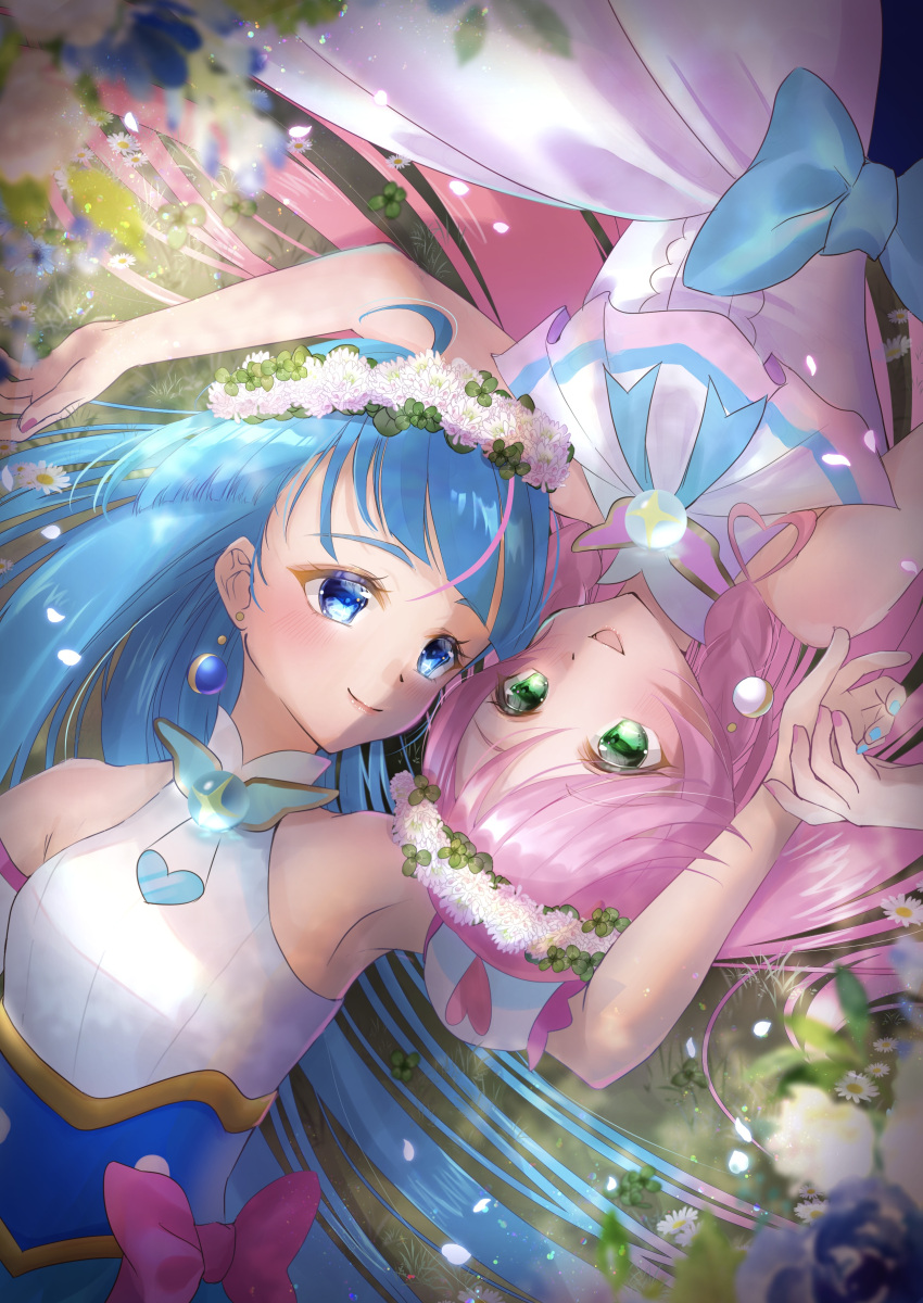2girls absurdres alternate_hairstyle ascot blue_dress blue_eyes blue_hair bow brooch closed_mouth commentary cure_prism cure_sky cut_bangs detached_sleeves dress dress_bow earrings field flower flower_field green_eyes hair_down hand_in_another's_hair head_wreath highres hirogaru_sky!_precure jewelry long_hair looking_at_another lying magical_girl minccino7 multicolored_hair multiple_girls nijigaoka_mashiro on_back open_mouth pink_hair precure puffy_detached_sleeves puffy_sleeves sleeveless sleeveless_dress smile sora_harewataru streaked_hair very_long_hair white_ascot white_dress wing_brooch yuri