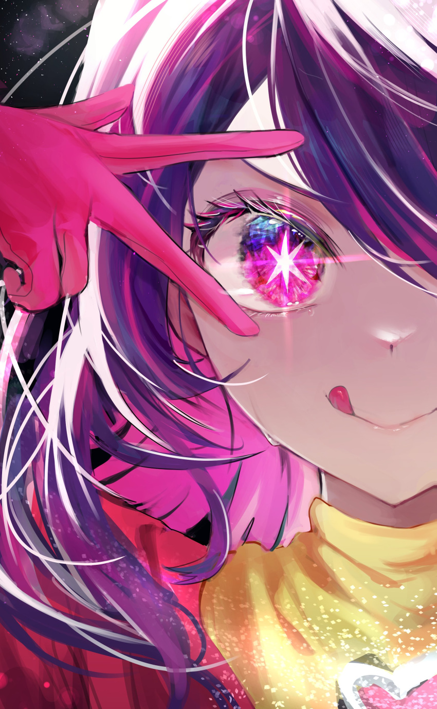 1girl absurdres brooch closed_mouth commentary gloves hashtag_only_commentary heart heart_brooch highres hoshino_ai_(oshi_no_ko) jewelry light_particles long_hair looking_at_viewer maya_(gpmp3825) oshi_no_ko pink_gloves portrait purple_hair solo sparkle star-shaped_pupils star_(symbol) sweat symbol-shaped_pupils tongue tongue_out turtleneck v_over_eye violet_eyes