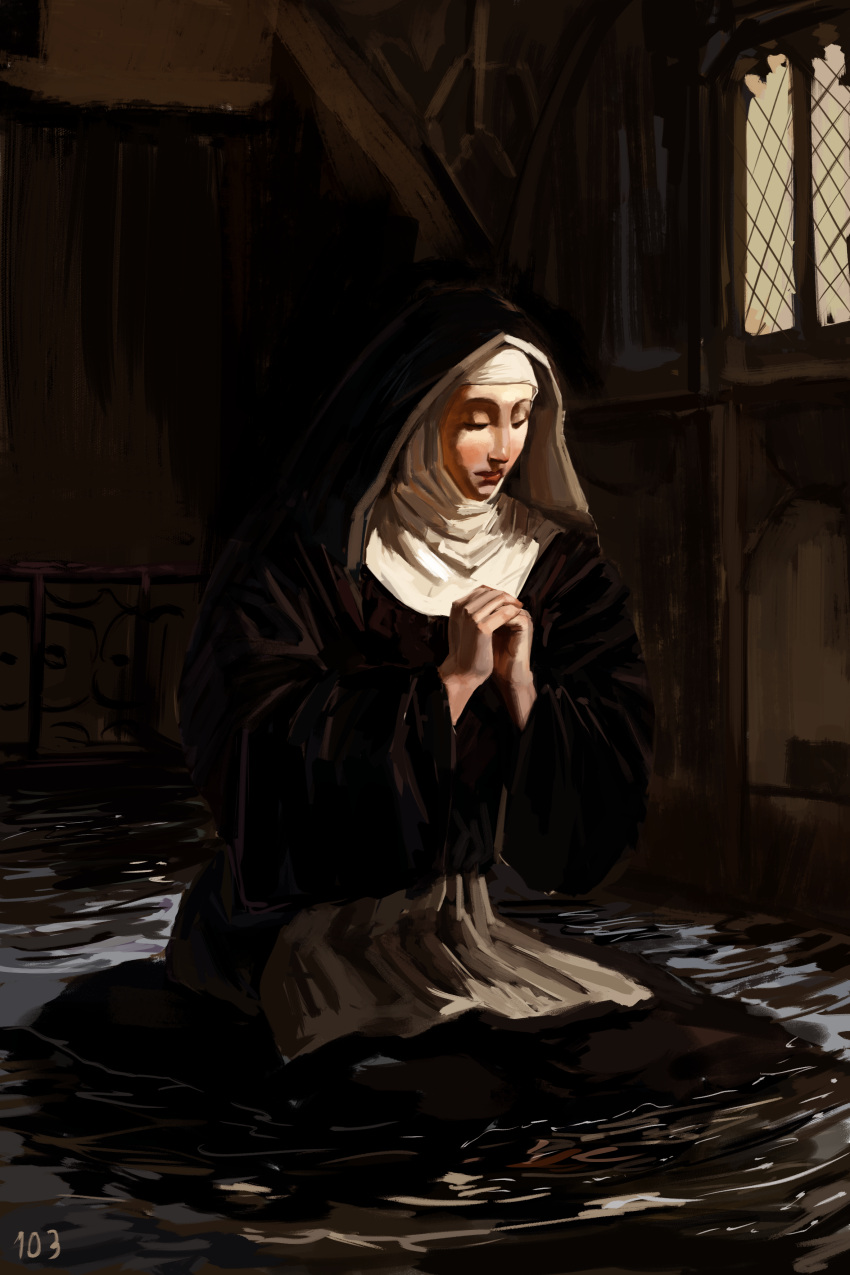 1girl absurdres black_dress closed_eyes closed_mouth coif danlamdae dress highres kneeling long_dress nun original own_hands_together partially_submerged praying solo traditional_nun water