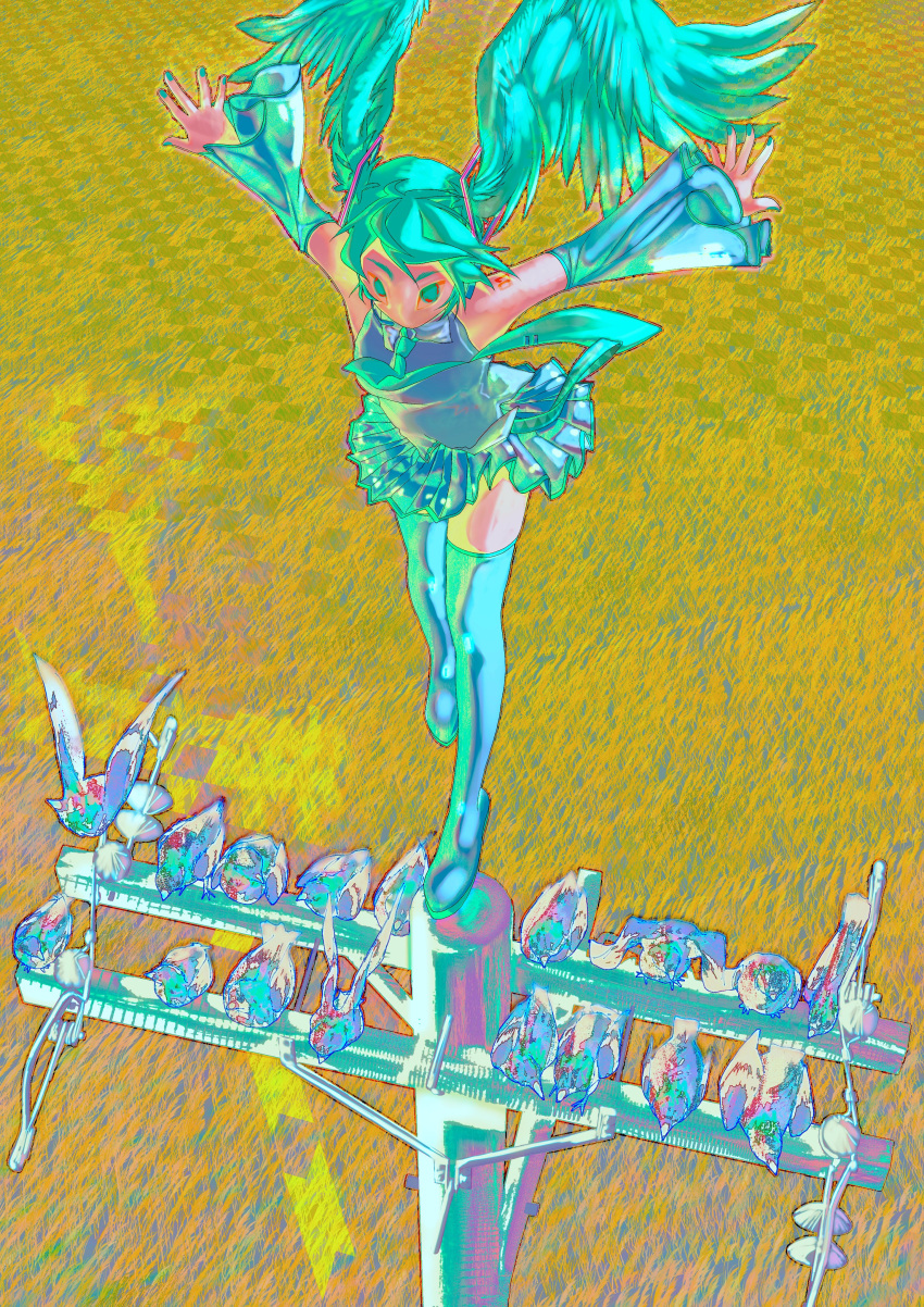 1girl absurdres aqua_eyes aqua_hair aqua_nails bare_shoulders bird boots detached_sleeves hair_wings hatsune_miku highres n00dlesandwitch nail_polish necktie outstretched_arms pleated_skirt shirt skirt sleeveless sleeveless_shirt solo_focus standing standing_on_one_leg thigh_boots twintails utility_pole vocaloid