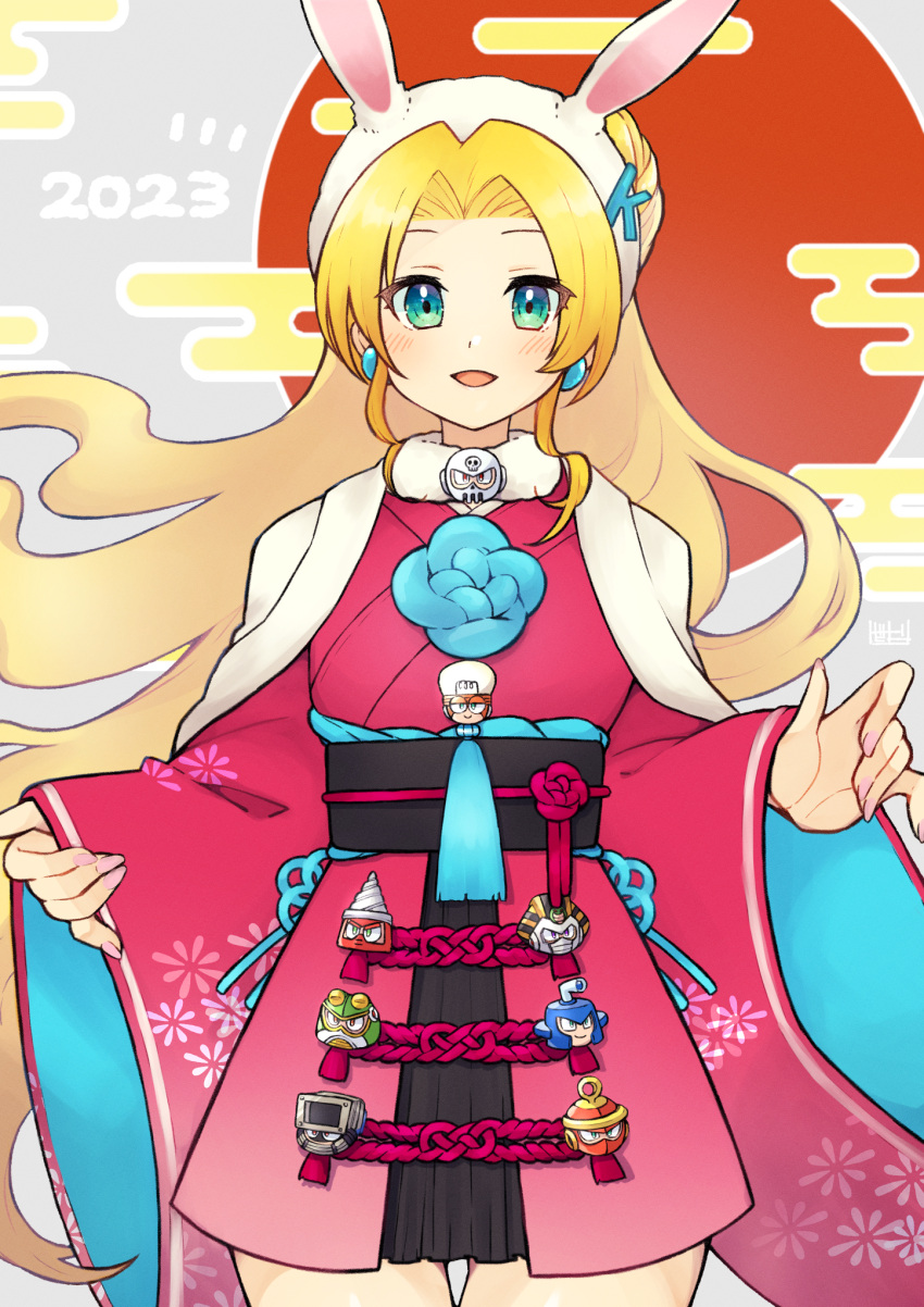 1girl 2023 blonde_hair blush bright_man character_request copyright_request dive_man drill_man dust_man earrings green_eyes highres japanese_clothes jewelry kimono long_hair long_sleeves looking_at_viewer mega_man_(classic) mega_man_(series) open_mouth parted_bangs pharaoh_man pink_nails red_kimono ring_man skull_man smile solo toad_man tobitori