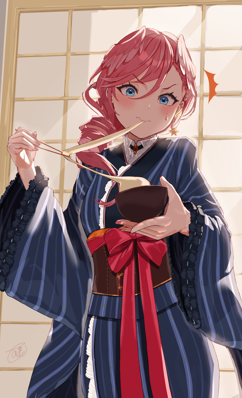 1girl absurdres black_kimono blue_eyes blush bowl chopsticks drill_hair drill_ponytail eating food head_wings highres holding holding_bowl holding_chopsticks hololive japanese_clothes kimono long_hair looking_at_viewer mochi nail_polish official_alternate_costume pink_hair pink_nails solo takane_lui takane_lui_(new_year) takion virtual_youtuber wings