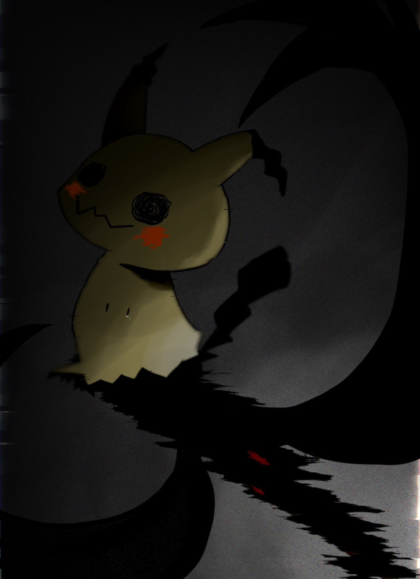 black_background black_eyes black_theme blank_eyes commentary dark different_shadow from_behind full_body glitch gradient_background grey_background highres horror_(theme) looking_at_viewer looking_back mimikyu no_humans pokemon pokemon_(creature) rize_(r) simple_background solo tears