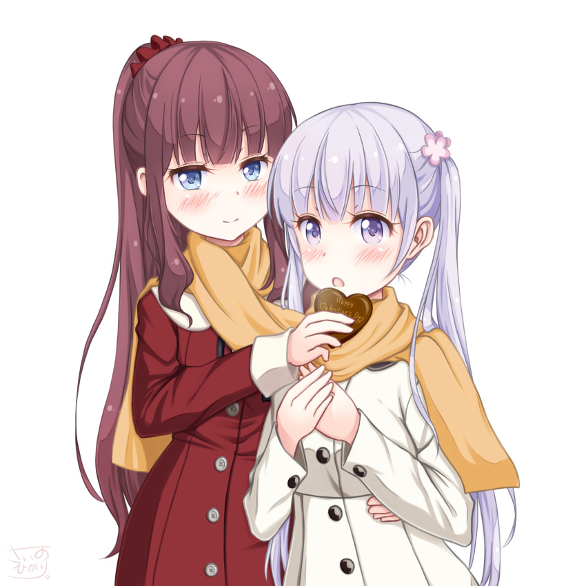 2girls absurdres blue_eyes blunt_bangs blush brown_hair coat commentary_request feeding grey_hair hair_ornament hair_scrunchie hand_on_another's_hip happy_valentine heart high_ponytail highres long_hair multiple_girls new_game! open_mouth orange_scarf ponytail purple_hair red_coat red_scrunchie sainohikari scarf scrunchie shared_clothes shared_scarf simple_background smile standing suzukaze_aoba takimoto_hifumi twintails valentine very_long_hair violet_eyes white_background white_coat winter_clothes winter_coat yellow_scarf yuri