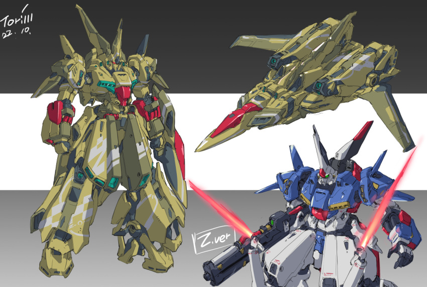 alternate_form arms_at_sides beam_rifle beam_saber black_background clenched_hands dated energy_gun extra_arms fusion green_eyes grey_background gun gundam holding holding_gun holding_sword holding_weapon looking_ahead mobile_suit multicolored_background niao_san_shi no_humans red_eyes redesign science_fiction signature spacecraft standing starfighter sword the_o_(mobile_suit) weapon white_background zeta_gundam zeta_gundam_(mobile_suit)
