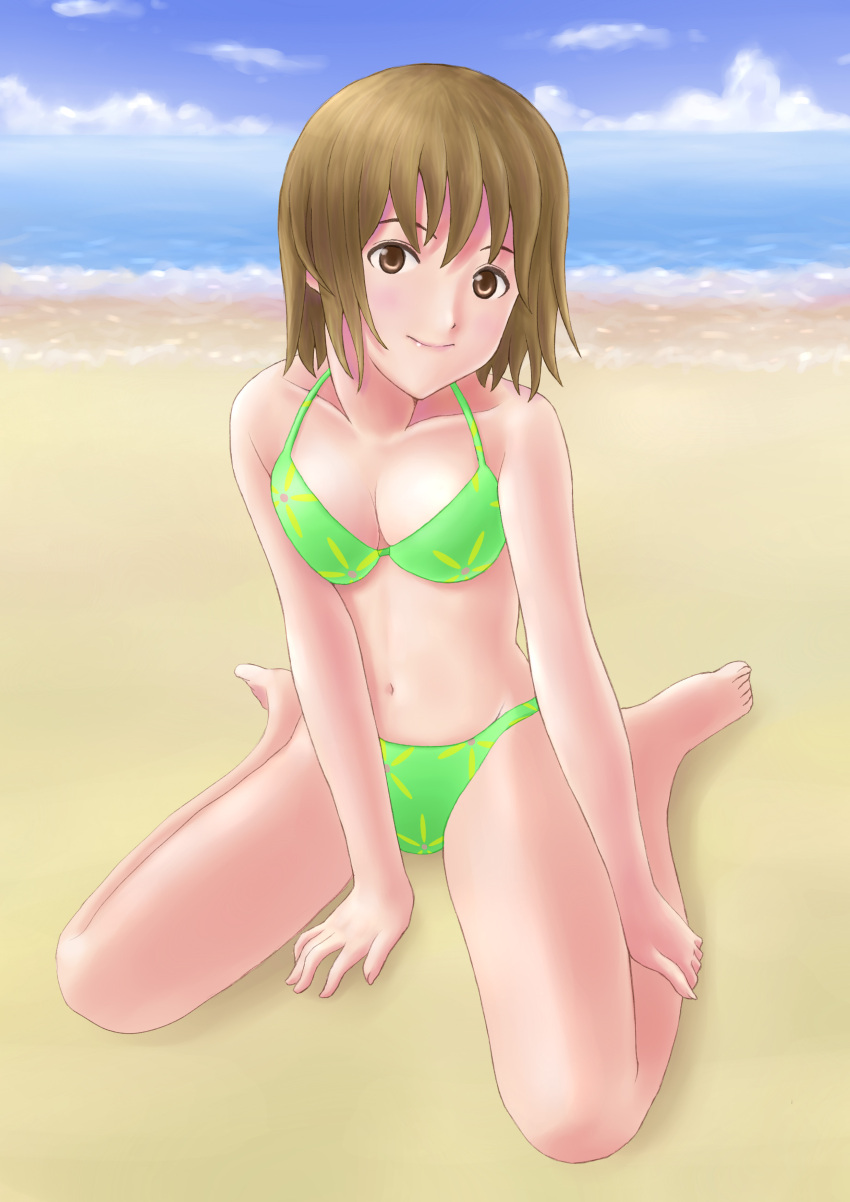 581 barefoot beach bikini brown_eyes brown_hair short_hair swimsuit