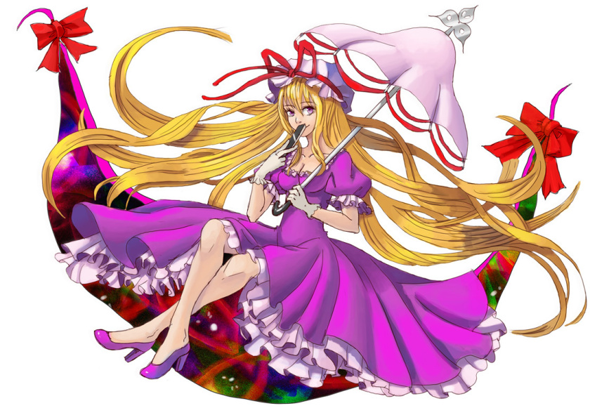 blonde_hair bow breasts cleavage closed_fan covering_mouth crossed_legs fan folding_fan gap gloves hat hat_ribbon high_heels kibougou legs long_hair purple_eyes ribbon shoes sitting solo touhou umbrella very_long_hair violet_eyes yakumo_yukari