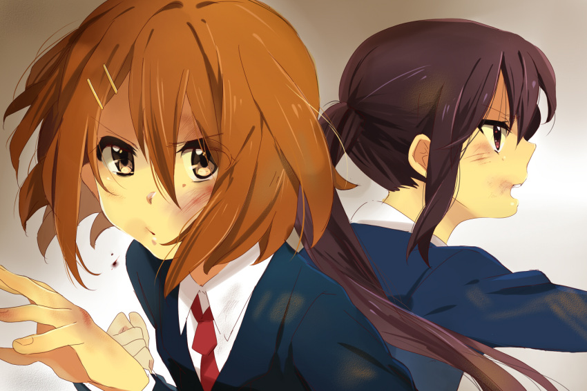 blazer brown_eyes brown_hair bruise clenched_hand fist hair_ornament hairpin hirasawa_yui injury k-on! karuha long_hair multiple_girls nakano_azusa necktie no_thank_you! open_mouth profile school_uniform short_hair