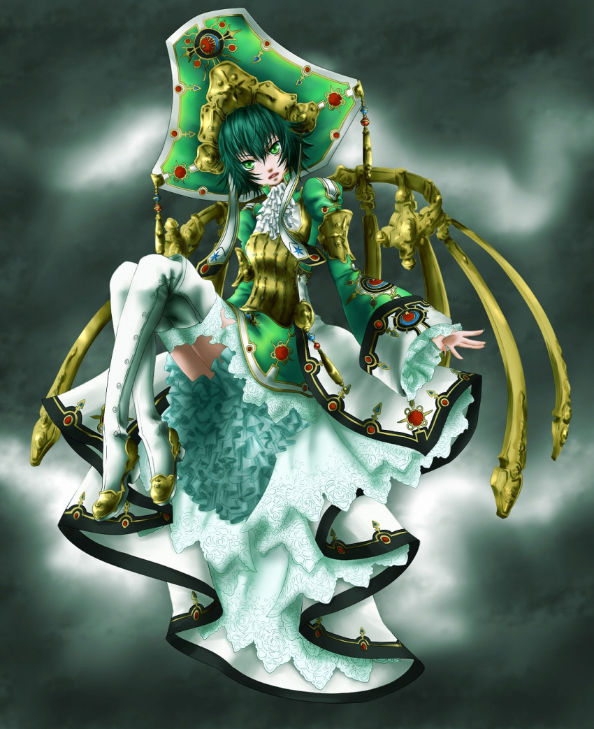 androgynous ascot bad_id boots capybara_(artist) dress fingernails flat_chest frills garter_straps gothic green_eyes green_hair hat high_heels highres jewelry lace long_fingernails nail_polish open_mouth seth_nightroad shoes short_hair smile solo thigh-highs thigh_boots thighhighs trinity_blood white_legwear