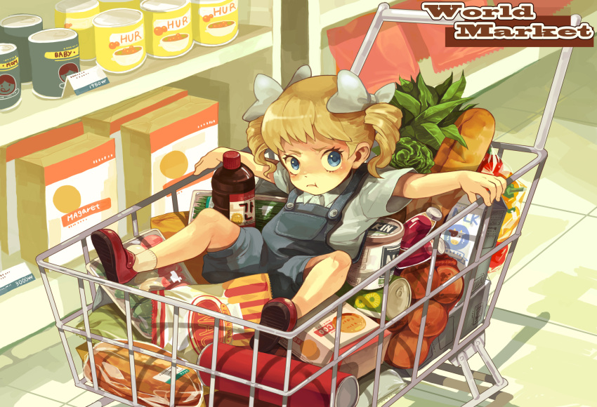 blonde_hair blue_eyes bottle bow bread cabbage can child food frown fruit hair_bow highres milk orange original overalls shelf shoes shopping shopping_cart sitting solo supermarket twintails vegetable