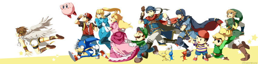 black_eyes blonde_hair blue_eyes blue_hair brown_hair closed_eyes dress elbow_gloves facial_hair fire_emblem gloves gun hat highres holding holding_poke_ball ike kid_icarus kirby kirby_(series) link long_hair luigi super_mario_bros. marth metroid mother_(game) muse_(rainforest) mustache ness overalls pikachu pikmin pikmin_(creature) pit pointy_ears poke_ball pokemon pokemon_(creature) pokemon_(game) pokemon_rgby pokemon_trainer ponytail princess_peach red_(pokemon) red_(pokemon)_(remake) samus_aran sonic sonic_the_hedgehog star super_mario_bros. super_smash_bros. the_legend_of_zelda toon_link weapon wings zero_suit