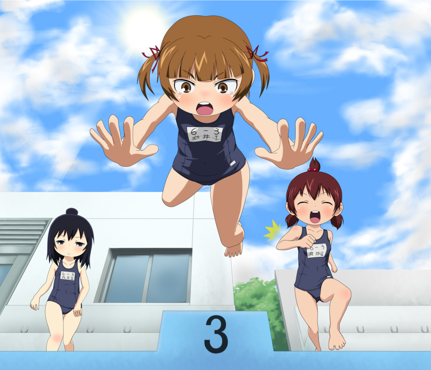 black_eyes black_hair brown_eyes brown_hair falling from_below hair_bun highres jumping marui_futaba marui_hitoha marui_mitsuba mitsudomoe multiple_girls name_tag oki_(oksam) one-piece_swimsuit school_swimsuit short_hair siblings sisters swimsuit tears twintails