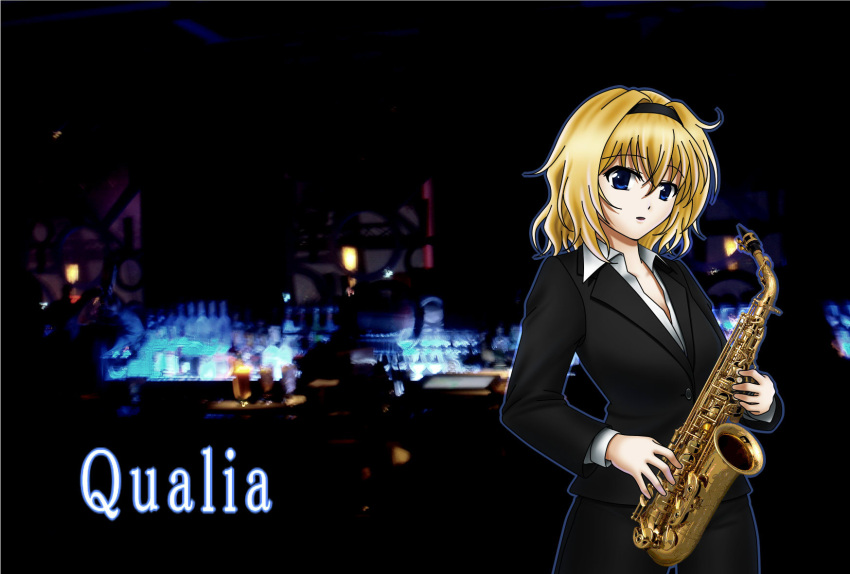 alice_margatroid blonde_hair blue_eyes cover formal hairband highres instrument pant_suit saxophone short_hair suit touhou unshu_mikan