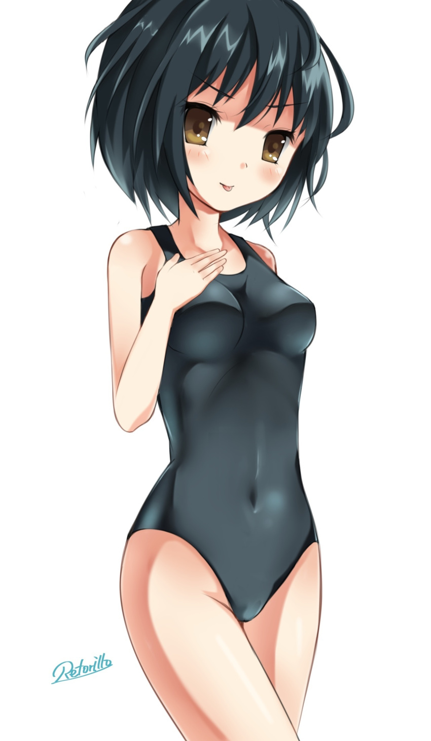 1girl amagami bad_id black_hair brown_eyes competition_swimsuit highres nanasaki_ai one-piece_swimsuit retorillo short_hair solo swimsuit