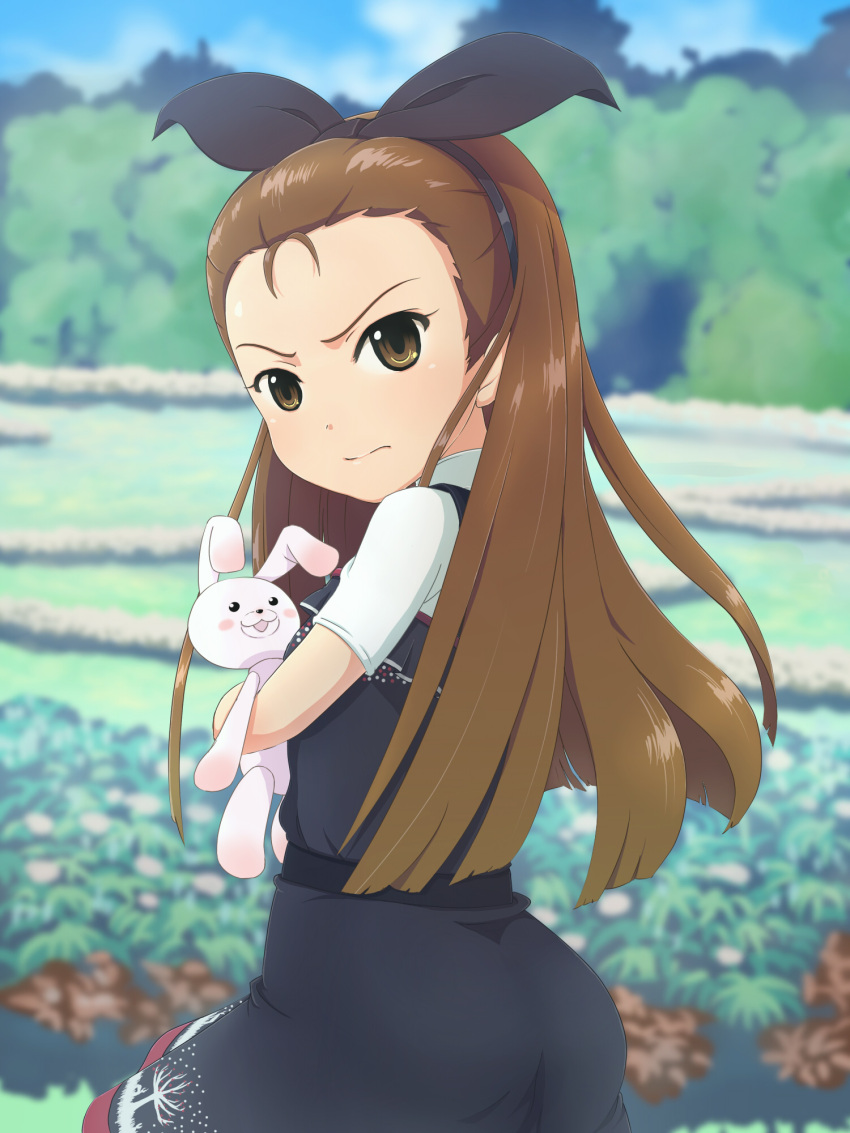 bow brown_eyes brown_hair forehead hair_bow highres idolmaster long_hair looking_back minase_iori stuffed_animal stuffed_toy yooguru