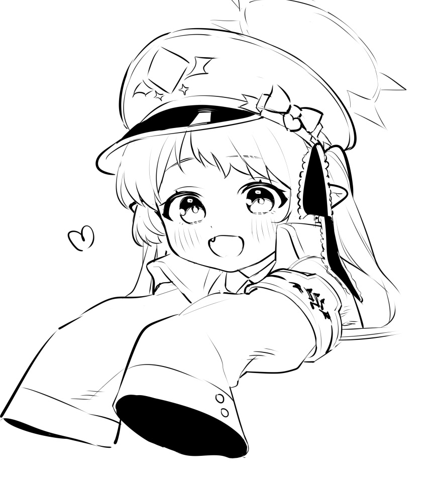 1girl absurdres armband blanchat blue_archive bow cropped_torso greyscale hat hat_bow highres ibuki_(blue_archive) jacket looking_at_viewer military_jacket monochrome open_mouth oversized_clothes peaked_cap pointy_ears side_ponytail simple_background smile solo upper_body white_background