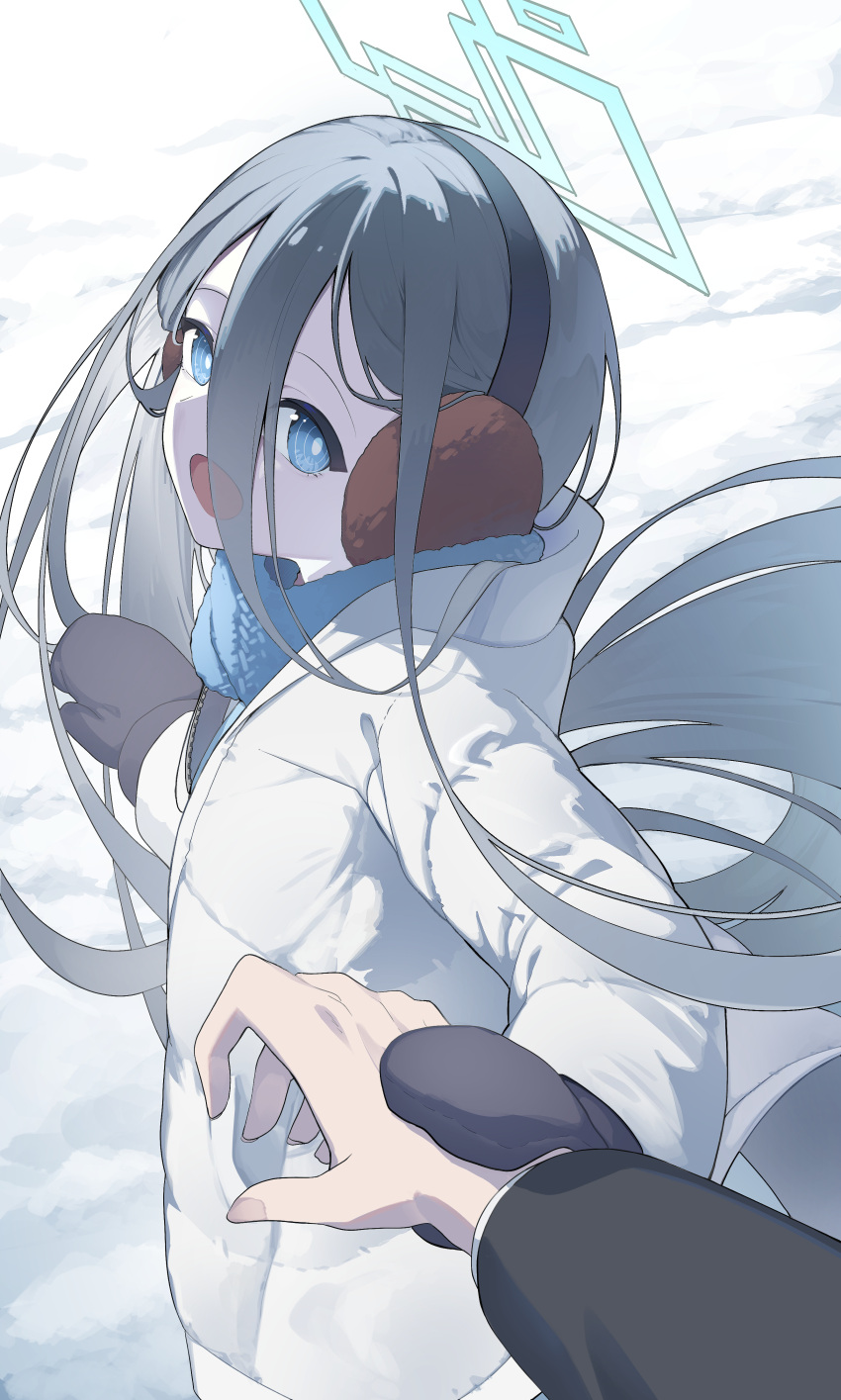1girl 1other absurdly_long_hair absurdres aris_(blue_archive) black_hair black_mittens blue_archive blue_eyes blue_halo blue_scarf blush coat earmuffs halo highres long_hair long_sleeves mittens n_sol open_mouth scarf smile very_long_hair white_coat