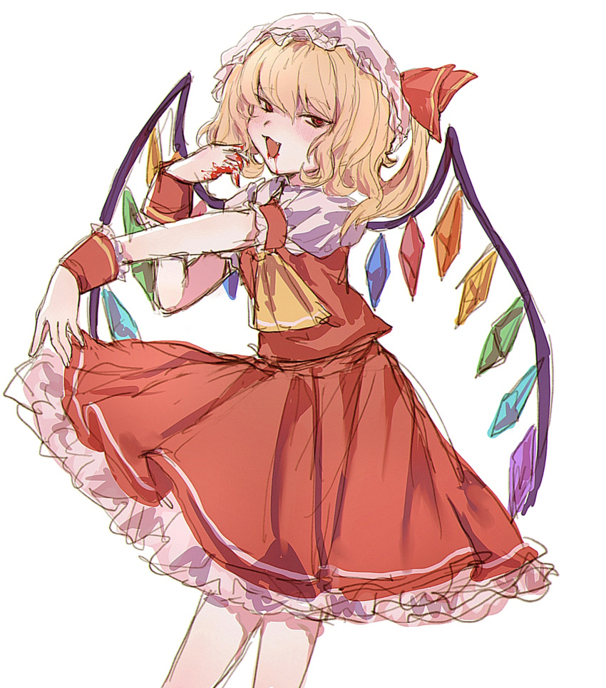1girl ascot bat_wings blonde_hair blood blood_on_face blood_on_hands cowboy_shot crystal crystal_wings fang flandre_scarlet hat hat_ribbon highres medium_hair mob_cap red_eyes red_ribbon ribbon simple_background solo touhou uzuz_(xvhm5584) vampire white_background wings yellow_ascot
