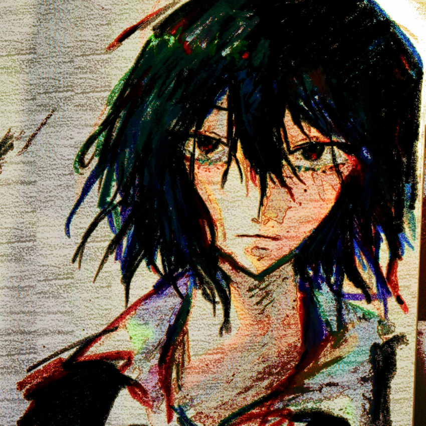 1other alternate_eye_color androgynous black_hair chinese_commentary collared_shirt commentary_request enraku_tsubakura hair_between_eyes highres len'en mxx33 other_focus red_eyes sanpaku shirt short_hair simple_background sketch solo traditional_media white_background white_shirt