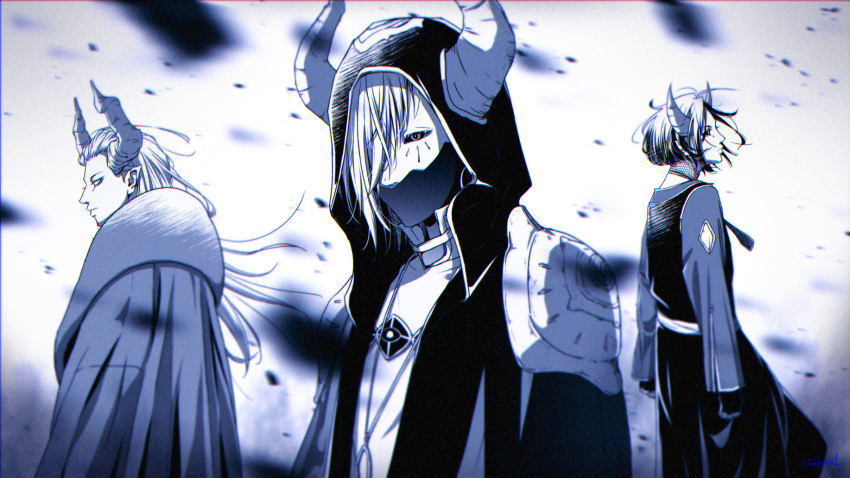 3boys armor artist_name blue_theme cloak coat colored_sclera covered_mouth curled_horns demon_boy facial_mark floating_hair grausam hair_over_one_eye highres hood hood_up horns long_hair long_sleeves looking_at_viewer macht_(sousou_no_frieren) male_focus mask monochrome motion_blur mouth_mask multiple_boys one_eye_covered pauldrons pointy_ears sakichi_(sakichi0915) schlacht_(sousou_no_frieren) short_hair shoulder_armor sideways_glance simple_background sousou_no_frieren standing