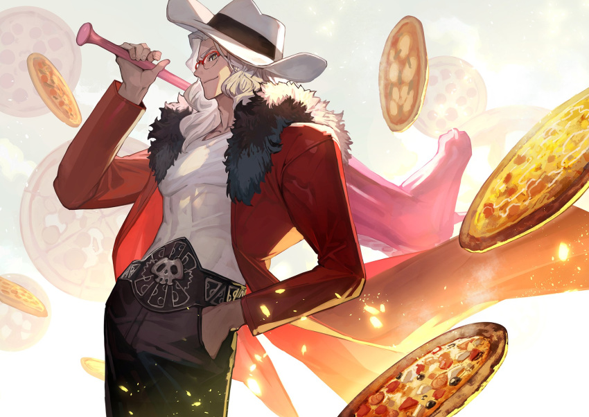 1boy alternate_costume alternate_hairstyle arurandeisu baseball_bat belt black_belt black_pants coat coattails collarbone cowboy_shot curtained_hair fedora food food-themed_background fur-trimmed_coat fur_trim glasses grey_eyes grey_hair hand_in_pocket hat highres holding holding_baseball_bat holding_weapon holostars lack light_particles long_hair looking_ahead male_focus open_clothes open_coat pants parted_bangs pectorals pizza profile red-framed_eyewear red_coat shirt skull_print smile solo standing toned toned_male unicorn virtual_youtuber wavy_hair weapon white_background white_headwear white_shirt