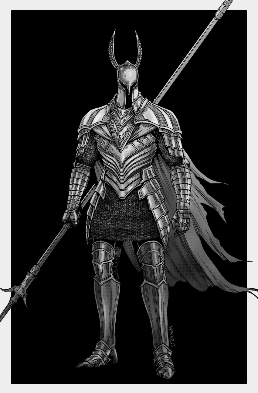 1other absurdres ambiguous_gender armor armored_boots artist_name boots breastplate cape chainmail commentary dark_souls_(series) english_commentary fake_horns full_armor gauntlets helmet highres holding holding_polearm holding_weapon horned_helmet horns knight menaslg pauldrons polearm shoulder_armor silver_knight_(dark_souls) solo spear standing weapon