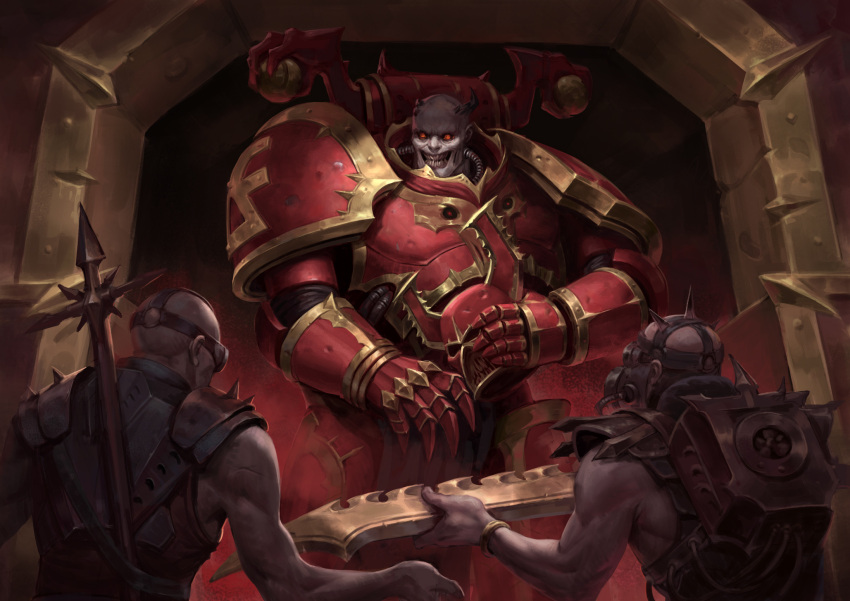 3boys adeptus_astartes andrei_modestov armor bald breastplate chainsword chaos_(warhammer) chaos_space_marine clawed_gauntlets commentary couter cuirass cuisses demon demon_horns full_armor gauntlets glowing glowing_eyes helmet highres holding holding_helmet holding_sword holding_weapon horns khorne_(symbol) leg_armor monster multiple_boys pale_skin pauldrons power_armor red_armor red_eyes rerebrace sharp_teeth shoulder_armor solo_focus spikes sword teeth warhammer_40k weapon world_eaters