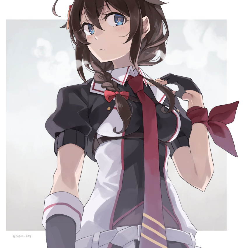 1girl ahoge black_gloves black_hair black_jacket black_shirt blue_eyes braid cropped_jacket fingerless_gloves gloves hair_flaps hair_over_shoulder highres jacket kantai_collection long_hair looking_at_viewer necktie puffy_short_sleeves puffy_sleeves red_necktie shigure_(kancolle) shigure_kai_san_(kancolle) shirt short_sleeves single_braid sleeveless sleeveless_shirt solo split_mouth sugue_tettou two-tone_shirt upper_body white_background