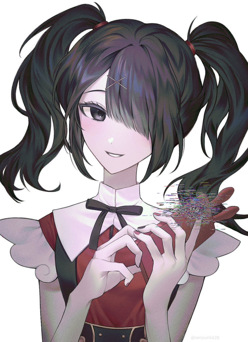 1girl ame-chan_(needy_girl_overdose) black_eyes black_hair black_nails black_ribbon collared_shirt commentary glitch hair_ornament hair_over_one_eye hands_up highres holding holding_phone long_hair looking_at_viewer nail_polish neck_ribbon needy_girl_overdose phone red_nails red_shirt ribbon seoyun_(seoyun5428) shirt simple_background smile solo symbol-only_commentary twintails upper_body white_background x_hair_ornament