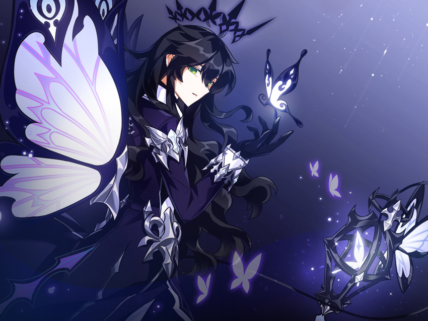 1boy ahoge ainchase_ishmael armor black_gloves black_hair black_halo bug butterfly butterfly_wings cage coat cowboy_shot dark_halo elsword empty_eyes expressionless faulds gloves glowing_butterfly green_eyes hair_between_eyes halo hand_up highres holding holding_staff insect_wings long_hair long_sleeves looking_at_viewer looking_to_the_side male_focus official_art parted_lips purple_background purple_coat sleeve_cuffs solo staff standing third-party_source wavy_hair white_butterfly wings