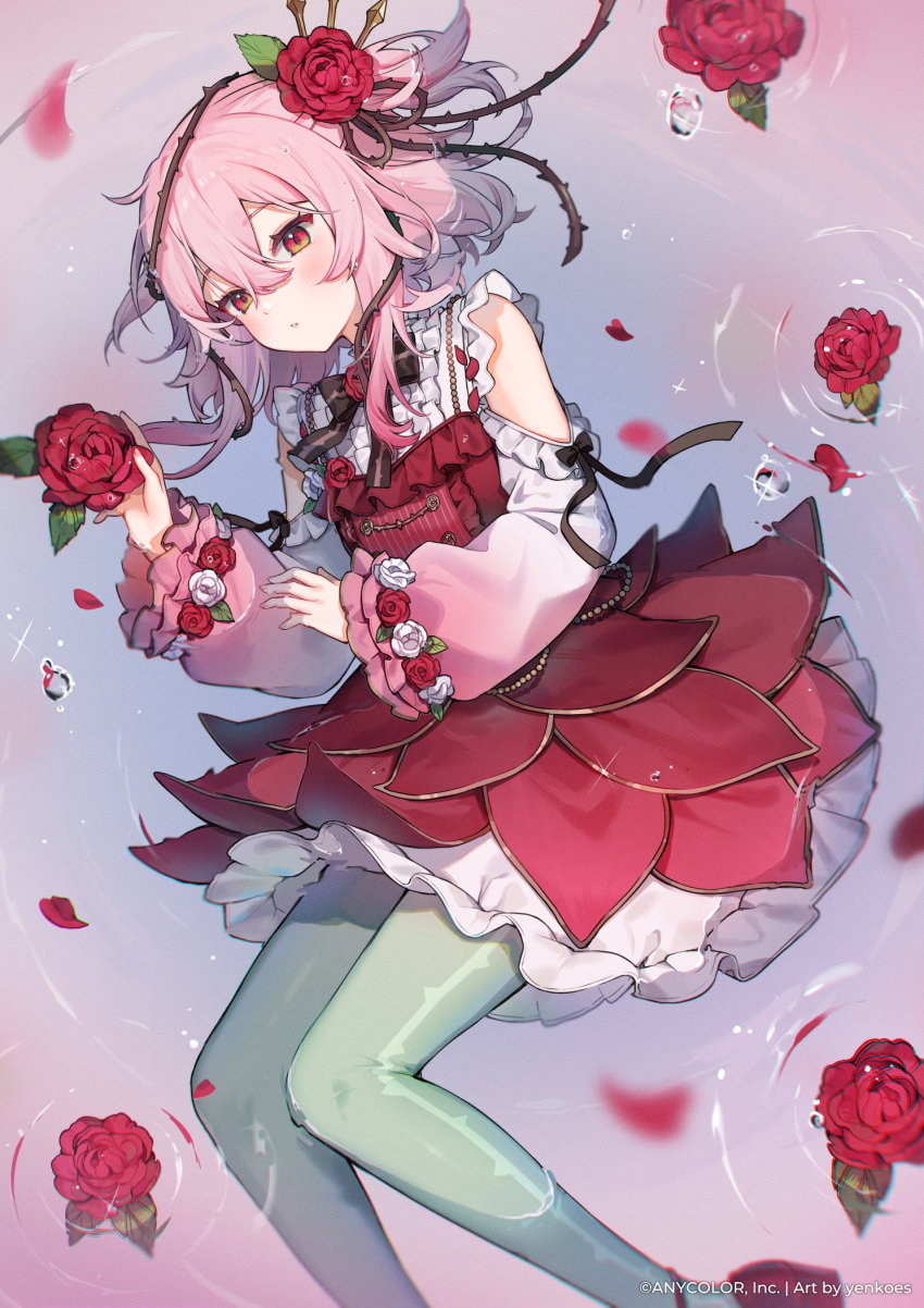 1girl clothing_cutout commentary dress english_commentary flower gold_trim gradient_sleeves green_pantyhose hair_flower hair_ornament highres long_sleeves medium_hair nijisanji nijisanji_en official_art pantyhose partially_submerged pink_hair red_dress red_eyes red_flower red_rose rose rosemi_lovelock rosemi_lovelock_(1st_costume) short_sidetail shoulder_cutout solo thorns yenkoes