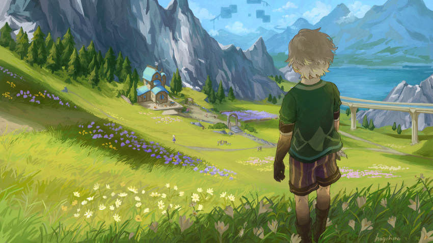 1boy 1girl arch artist_name black_skin blue_sky boots brown_footwear brown_shorts bush caterpillar_(genshin_impact) clouds colored_skin commentary day dog facing_away fence field flower from_behind garden genshin_impact grass green_shirt hagihino highres house in-universe_location lake lanoire_(genshin_impact) male_focus mountain mountainous_horizon multicolored_skin outdoors path pine_tree purple_flower rock scenery shirt short_hair short_sleeves shorts signature sky solo_focus stairs standing striped_clothes striped_shorts symbol-only_commentary table tree vertical-striped_clothes vertical-striped_shorts water white_flower white_hair wooden_fence yellow_flower